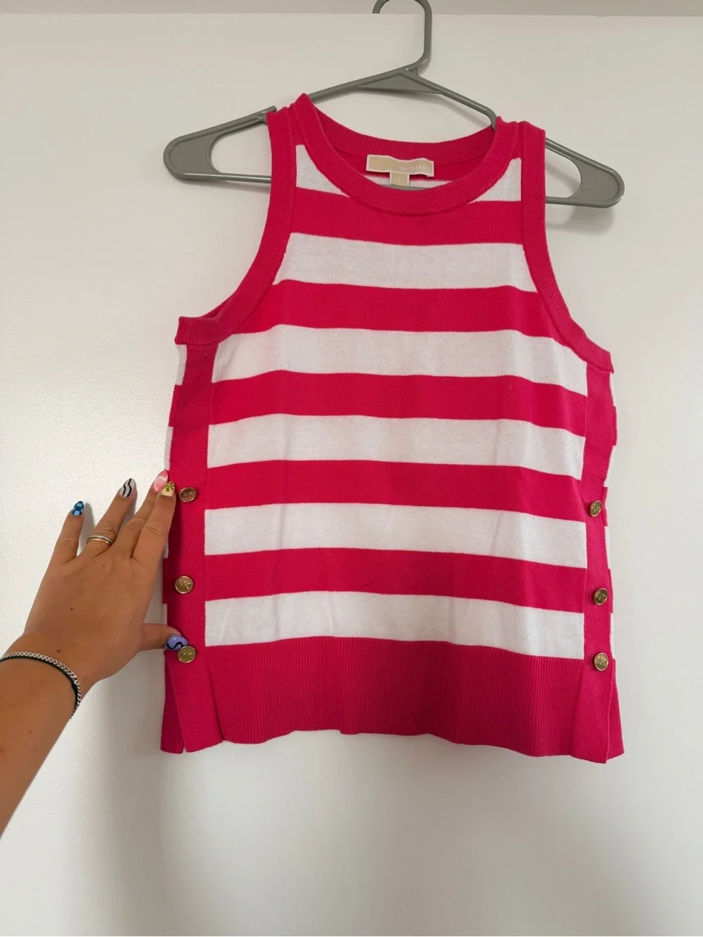 Michael Kors Striped Sleeveless Knit Tank - Hot Pink & White
